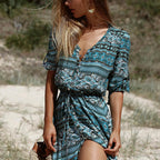 Floral Print Half Sleeve Button Front Tie Waist Split Thigh Dress