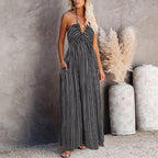 All Over Print Bodice Deep V Neck Backless Tie Back Cami Dress