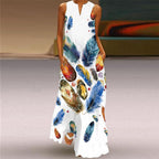 White Feather Print Sleeveless V Neck Maxi Dress