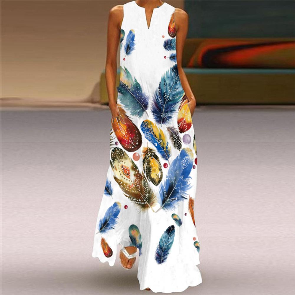 White Feather Print Sleeveless V Neck Maxi Dress