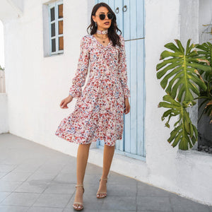 Floral Drawstring Knot Flounce Sleeve Cut Out Tie Front Dress