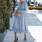 Solid Swiss Dot Mesh Flounce Sleeve Lettuce Trim V Neck Chiffon Dress