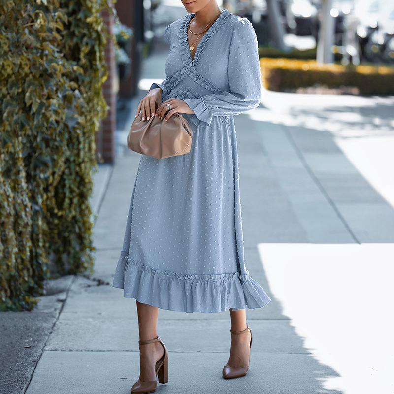Solid Swiss Dot Mesh Flounce Sleeve Lettuce Trim V Neck Chiffon Dress