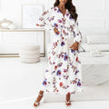 Surplice Neck Self Belted Botanical Print Bishop Sleeve Dress