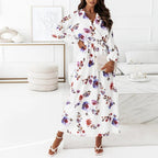 Surplice Neck Self Belted Botanical Print Bishop Sleeve Dress