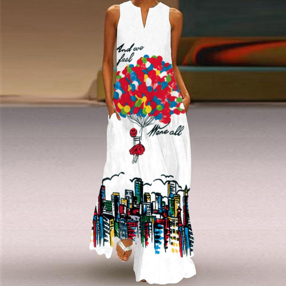 Feather & Balloon & Sun & Geometric Print Sleeveless V Neck Maxi Dress