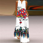 Feather & Balloon & Sun & Geometric Print Sleeveless V Neck Maxi Dress