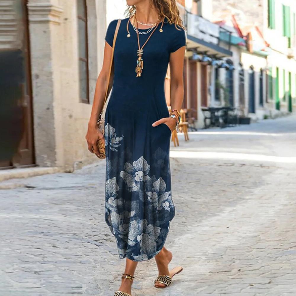 Floral Print Round Neck Short Sleeve Long Dress