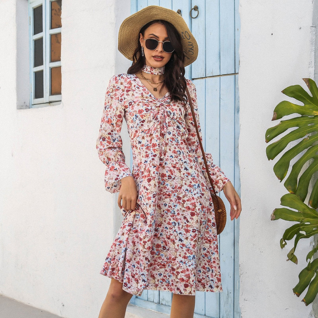 Floral Drawstring Knot Flounce Sleeve Cut Out Tie Front Dress