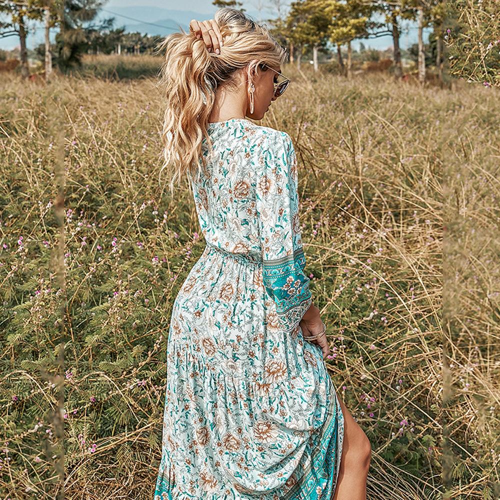 Green Paisley & Floral Print Button Front Knot Waist V Neck Dress