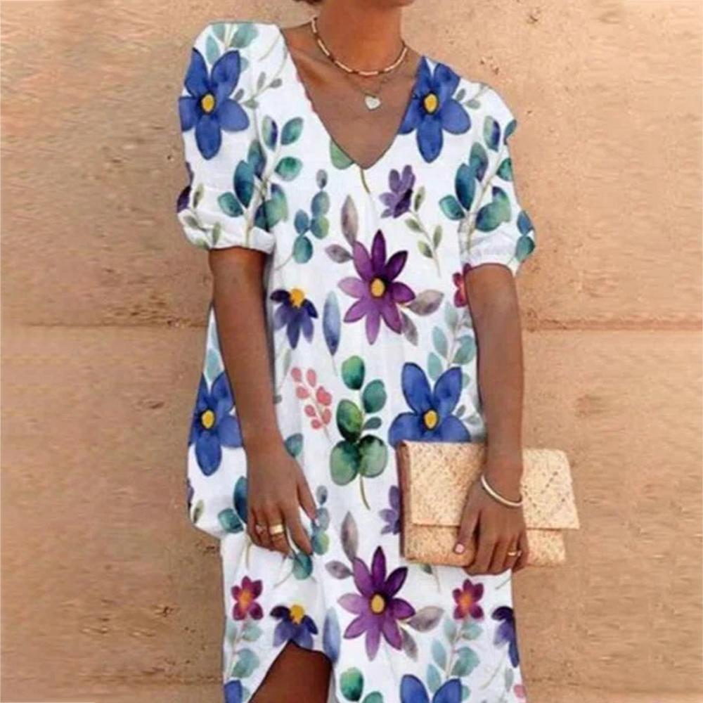 White V Neck Floral Print Short Sleeve Loose Dress