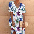 White V Neck Floral Print Short Sleeve Loose Dress