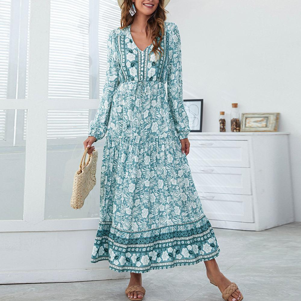 Half Button Allover Floral Print V Neck Bishop Sleeve Maxi Dress