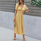 Puff Sleeve Button Detail Shirred Waist Ditsy Floral Print Slit Hem Dress