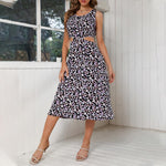 Ditsy Floral Print Round Neck Sleeveless Cut Out Waist Dress