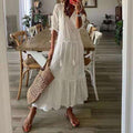 White & Floral Print Tie Neck Flounce Sleeve Ruffle Hem Maxi Dress