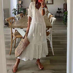 White & Floral Print Tie Neck Flounce Sleeve Ruffle Hem Maxi Dress