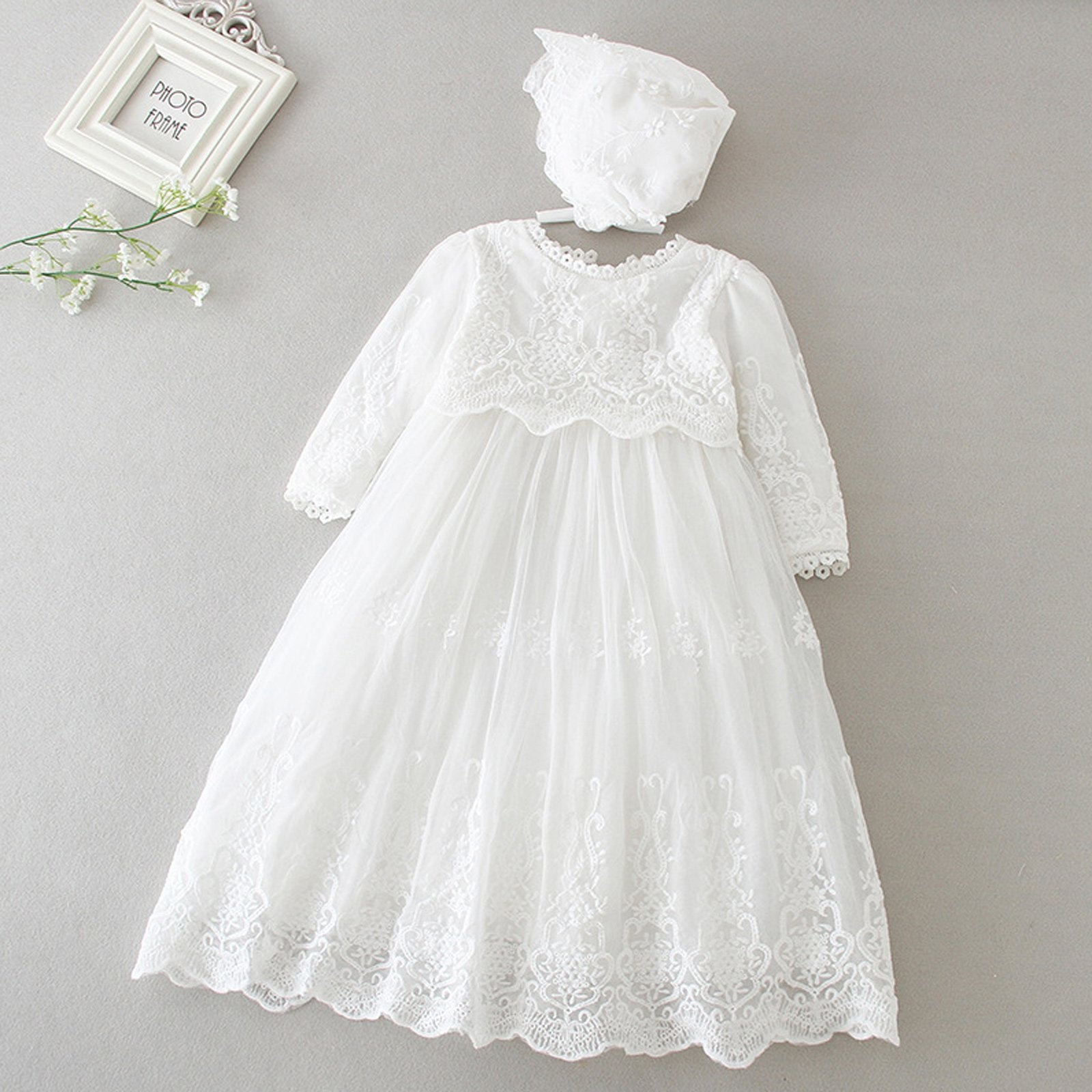 Baby Gril Baptism Christening Dress with Bonnet 3-24M