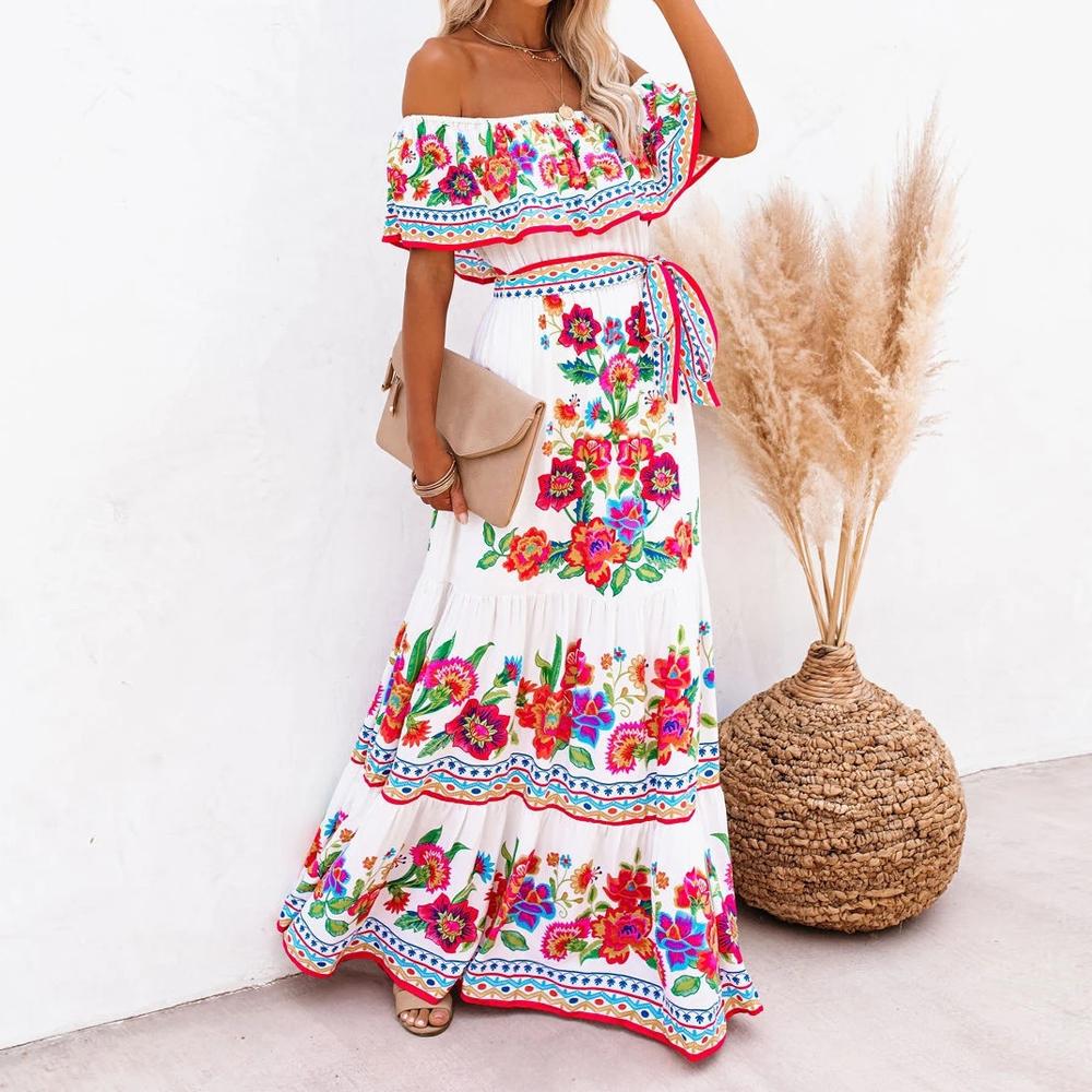 Allover Floral Print Off Shoulder Ruffle Hem Belted Maxi Dress