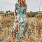 Paisley & Floral Print Surplice Sleeve Knot Waist V Neck Dress