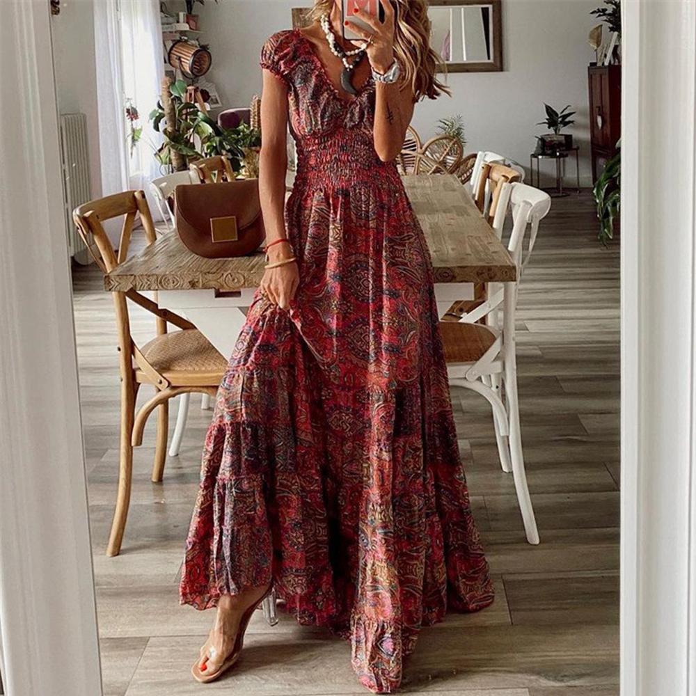Burgundy Frill Trim Allover Floral Print Shirred Waist Maxi Dress