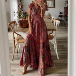 Burgundy Frill Trim Allover Floral Print Shirred Waist Maxi Dress