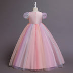 Elegent Girls Pageant Dresses Puff Sleeve Sequins Formal Tulle Maxi Dress