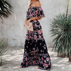 Allover Floral Print Off Shoulder Ruffle Hem Belted Maxi Dress