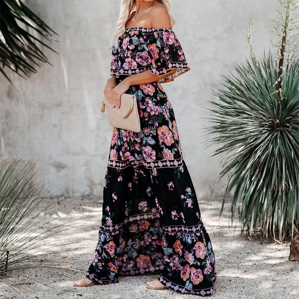 Allover Floral Print Off Shoulder Ruffle Hem Belted Maxi Dress