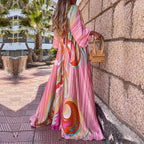 Tropical Print Dolman Sleeve Tie Front V Neck Maxi Dress