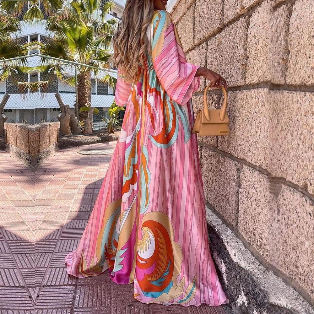 Tropical Print Dolman Sleeve Tie Front V Neck Maxi Dress