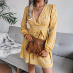 Puff Sleeve Chiffon Dress High Waist Floral Printed Dress