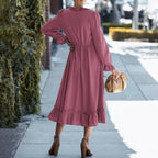 Solid Swiss Dot Mesh Flounce Sleeve Lettuce Trim V Neck Chiffon Dress