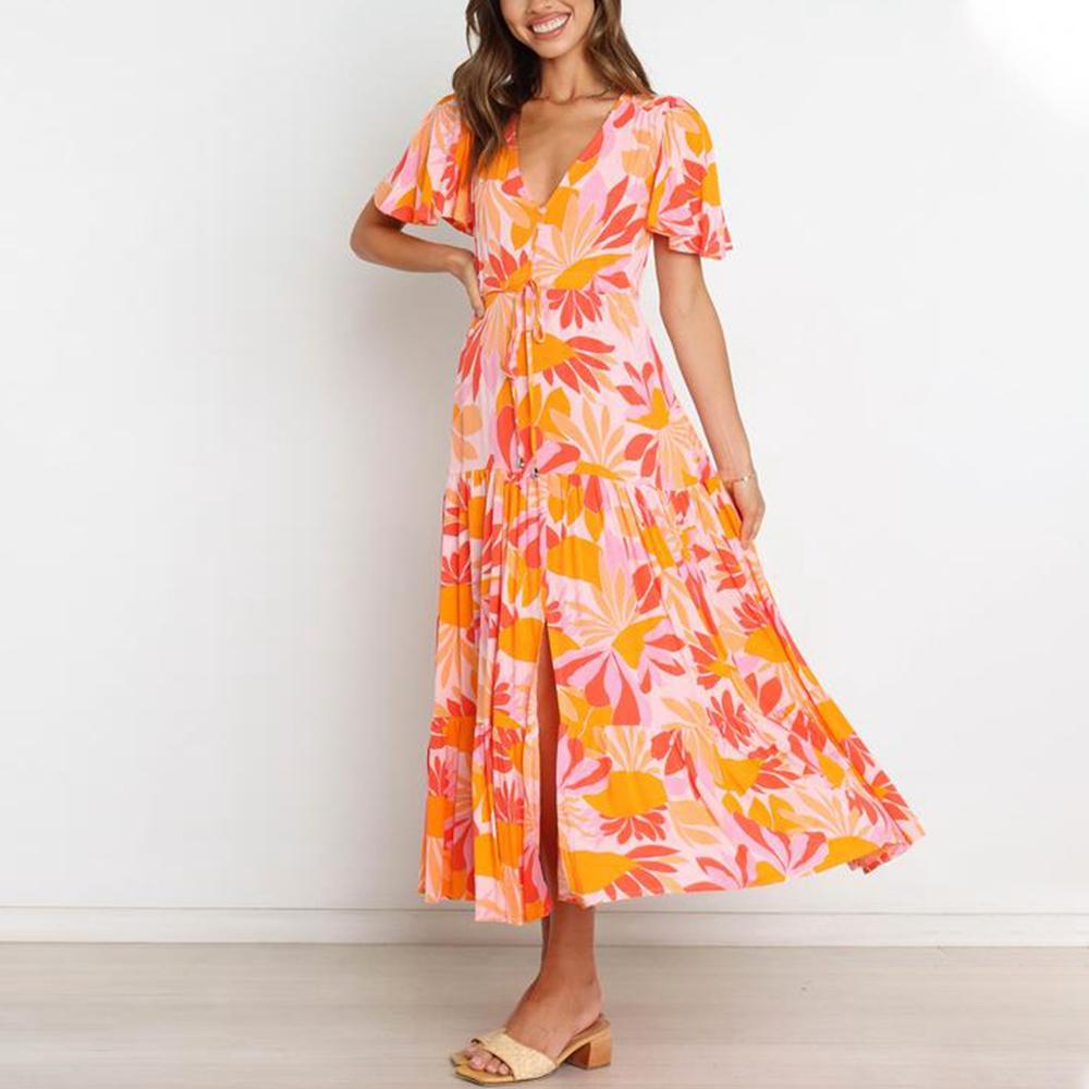 Orange V Neck Butterfly Sleeve Plant Print Slit Hem Drawstring Waist Dress