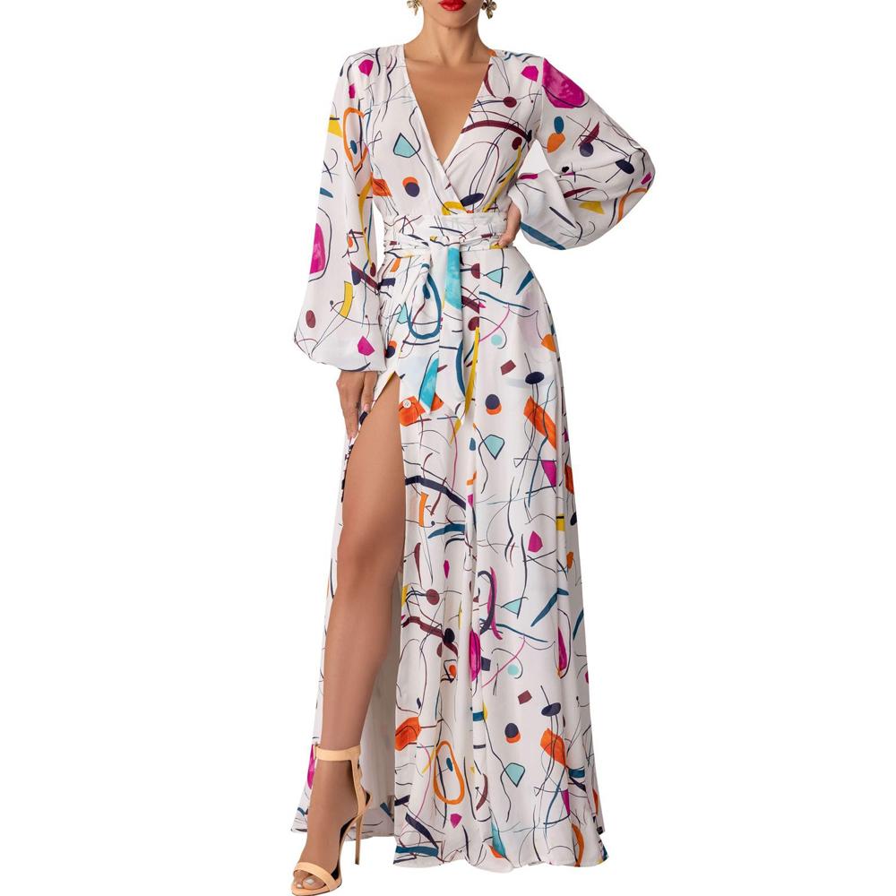 Graphic & Geo Print Lantern Sleeve Overlap Collar Split Thigh Belted Dress