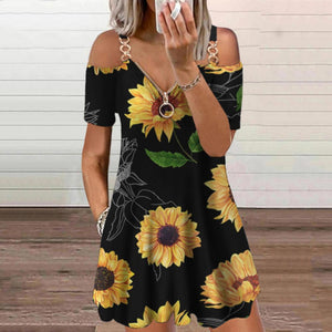 Animal & Sunflower & Graphic Print Zipper V Neck Chain Straps Short Sleeve Dress