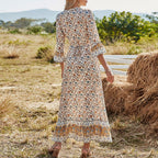 Apricot All Over Print Button Front Split Thigh Ruffle Hem Half Sleeve Dress