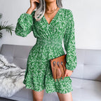 Fashion Long Sleeve Chiffon Dress Floral Printed Deep V-neck Midi Party Dress