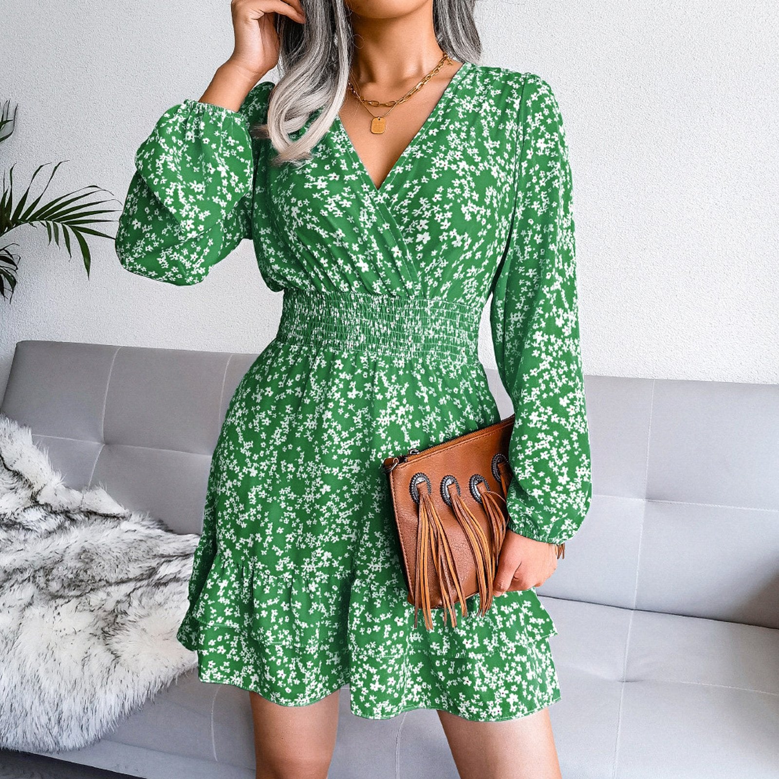 Fashion Long Sleeve Chiffon Dress Floral Printed Deep V-neck Midi Party Dress