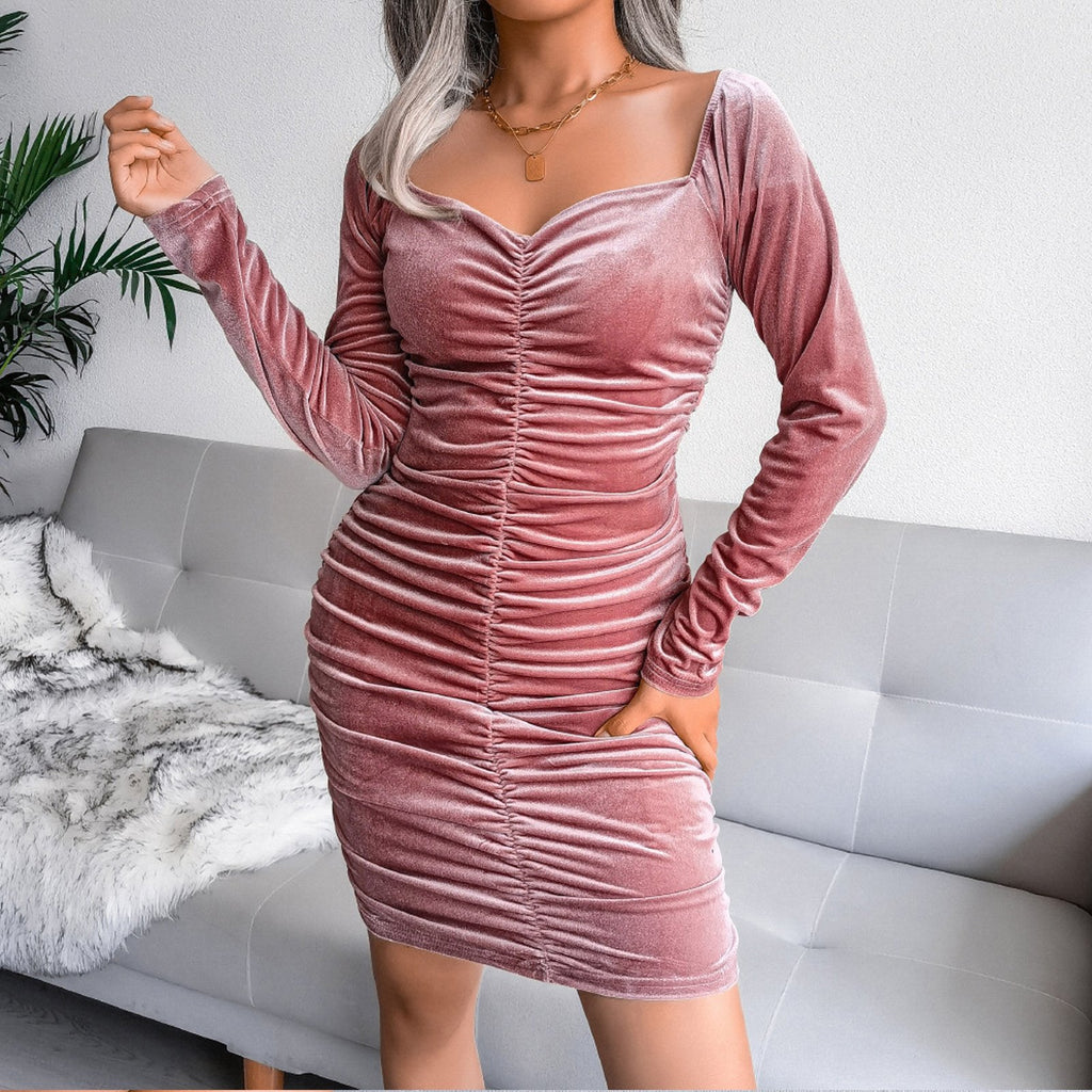 Hollow Out Square Neck Mini Dress Elegant Velour Sweater