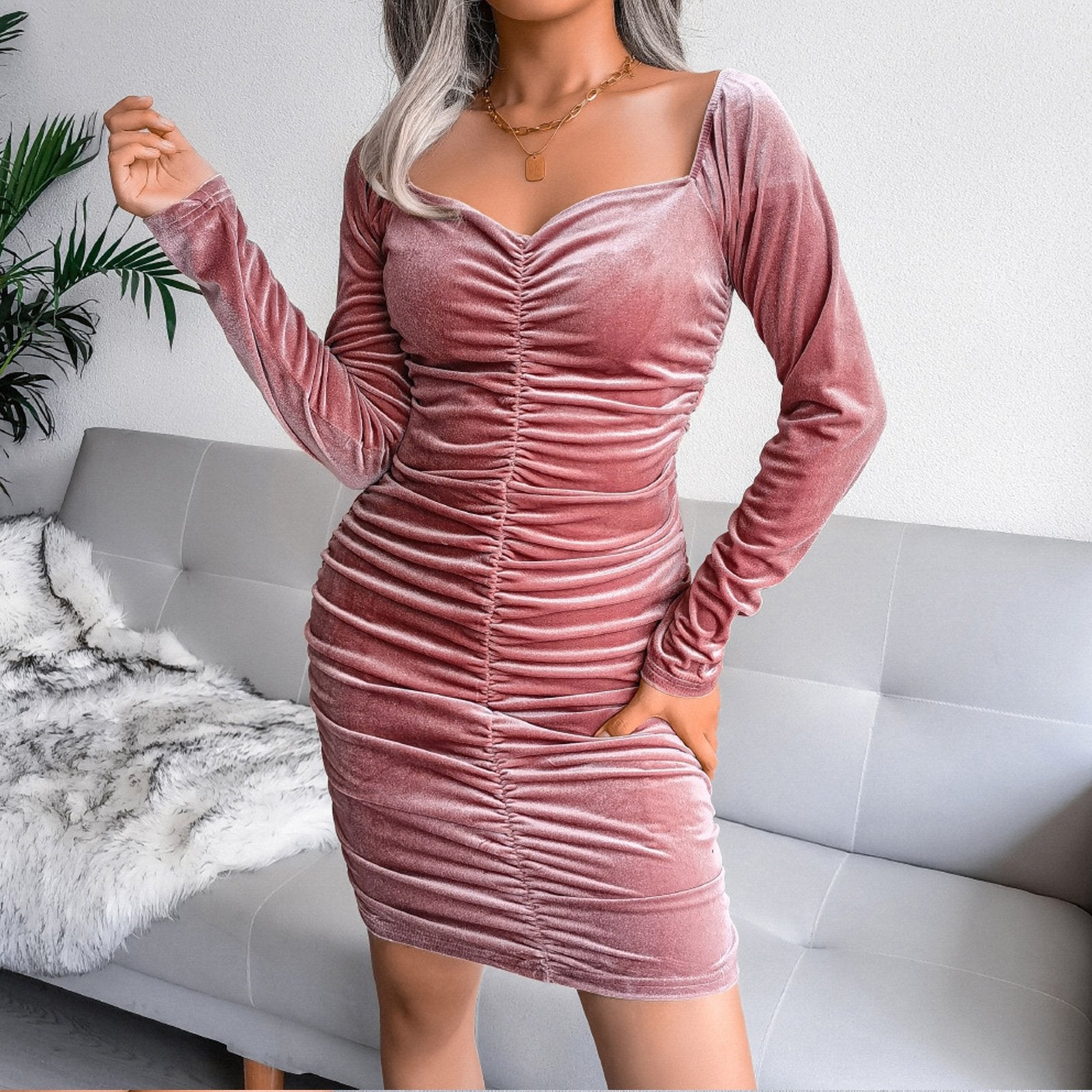 Hollow Out Square Neck Mini Dress Elegant Velour Sweater