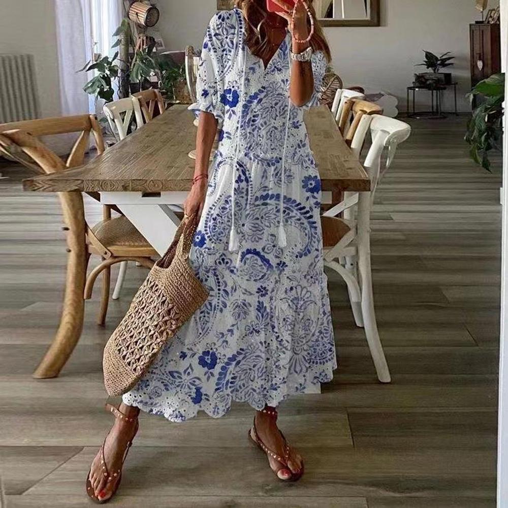 White & Floral Print Tie Neck Flounce Sleeve Ruffle Hem Maxi Dress