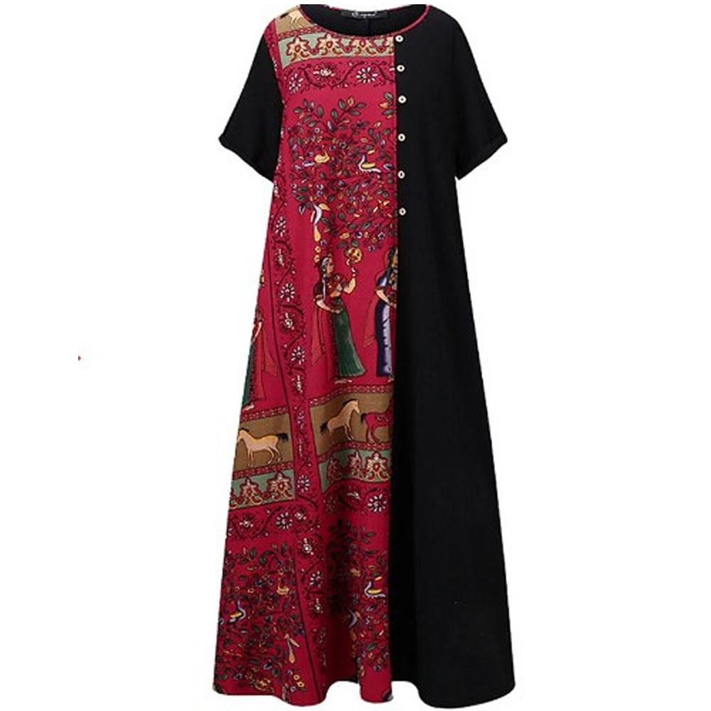 Round Neck Colorblock Fresco Print Short Sleeve Vintage Dress