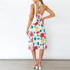 White Floral Print Halter Neck Open Back Cami Dress