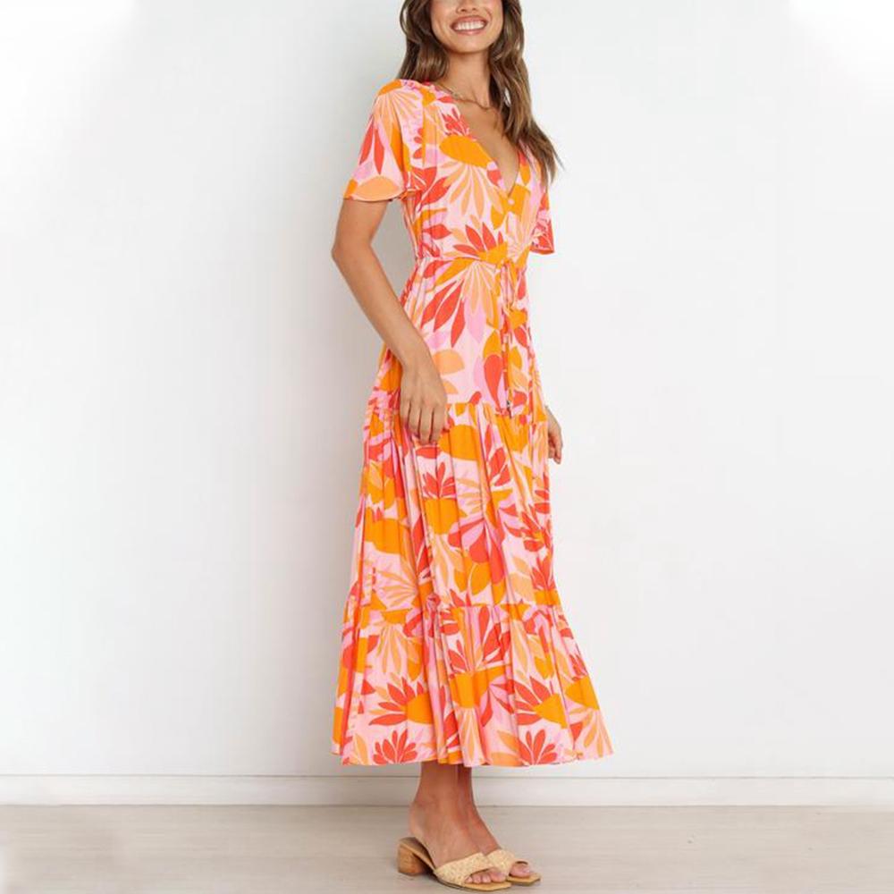 Orange V Neck Butterfly Sleeve Plant Print Slit Hem Drawstring Waist Dress