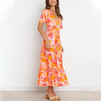 Orange V Neck Butterfly Sleeve Plant Print Slit Hem Drawstring Waist Dress