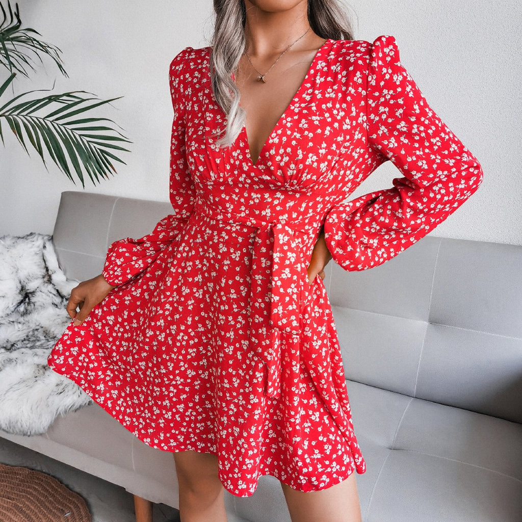 Puff Sleeve Chiffon Dress High Waist Floral Printed Dress