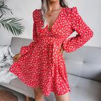 Puff Sleeve Chiffon Dress High Waist Floral Printed Dress