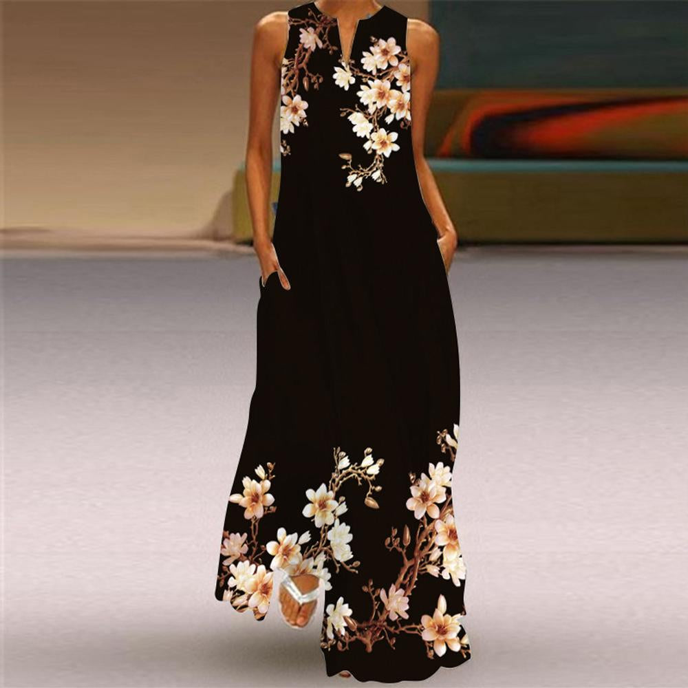 Butterfly & Floral Print Sleeveless V Neck Maxi Dress