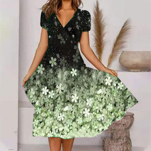 HOT SALE Black Ombre Floral Print V Neck Short Sleeve Dress